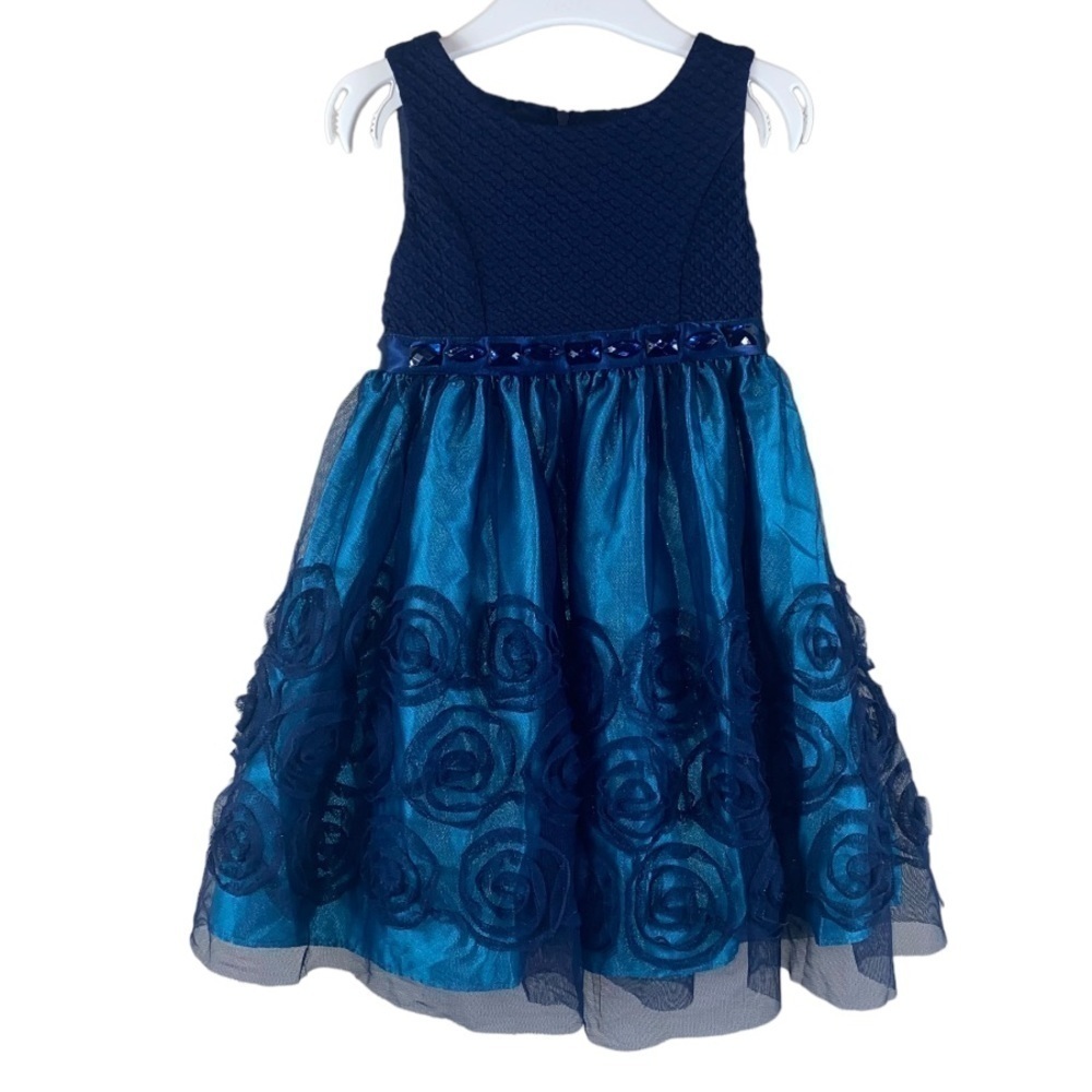 Sweet Heart Rose Girls fancy dress.‎ Navy blue bodice teal blue rosettes Sz 3T
